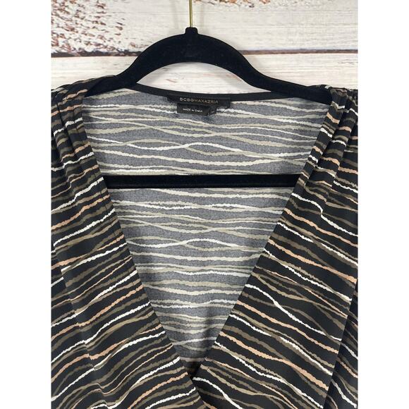 BCBGMAXAZRIA Dress Womens Medium Black Stripe Wrap V Neck Jersey Knit Midi Work - Picture 3 of 9